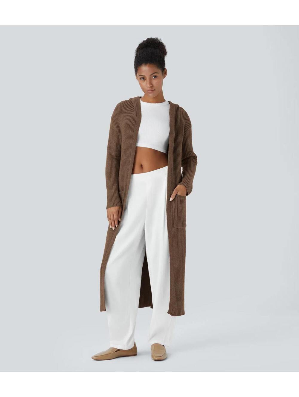 Halara Hooded Long Sleeve Pocket Longline Casual Cardigan Chicory Coffee Size M